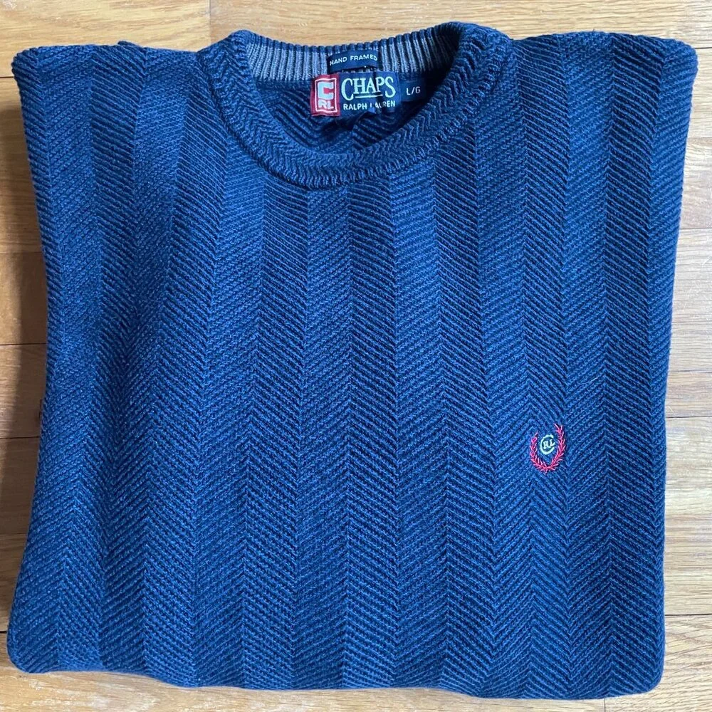 Vtg Chaps Ralph Lauren Herringbone Cotton Pullover Crewneck Sweater L Blue